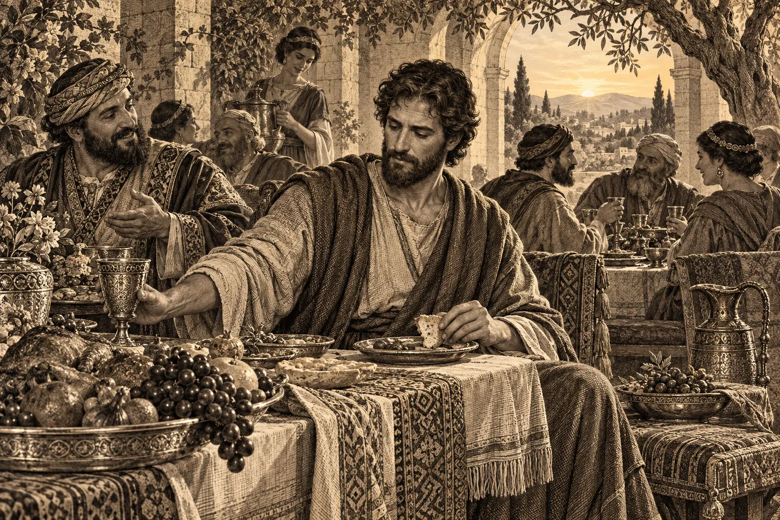 A humble traveler sets a wine cup aside and chooses a modest portion at an ancient banquet.