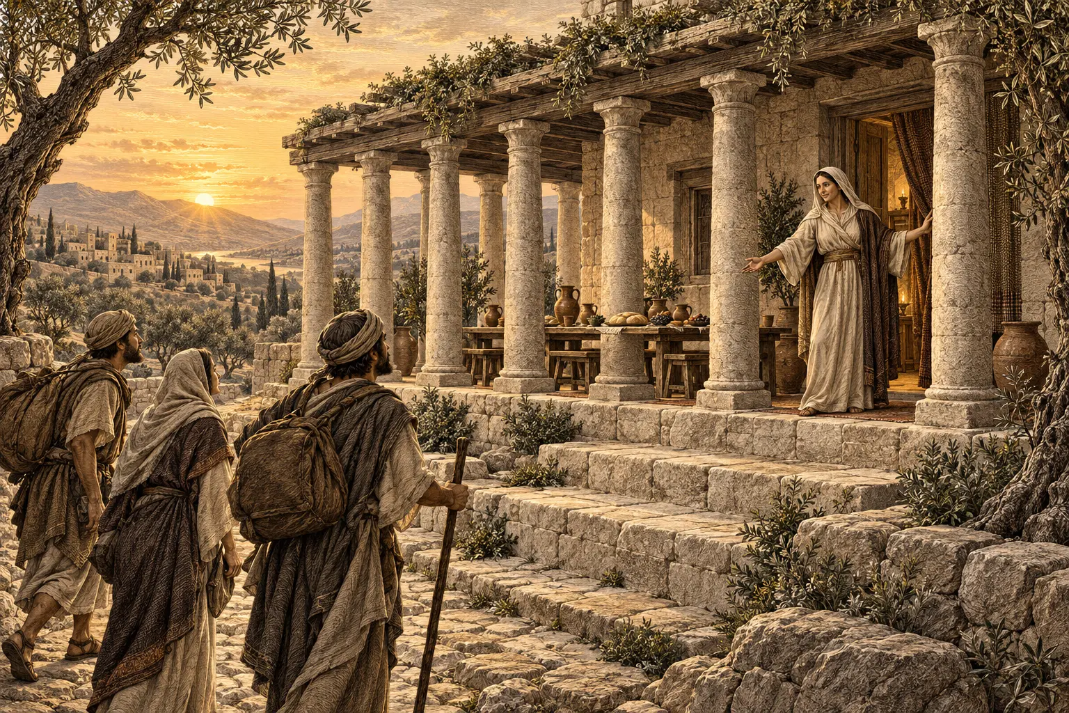 A wise hospitable woman welcomes travelers to bread and water at her seven-pillared house.
